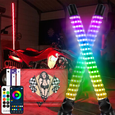 2x 3FT COB RGB LED Spiral Whip Lights Chase Brake For Yamaha Raptor 250 350 700