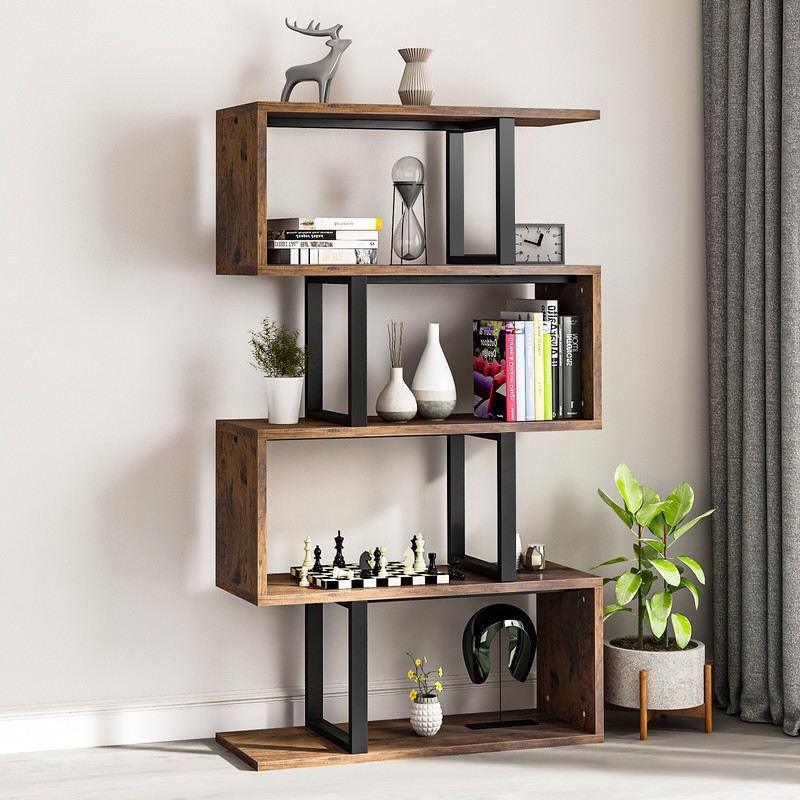 5-Tier Wood Geometric Bookcase S-Shaped Bookshelf Freestanding Display Shelf