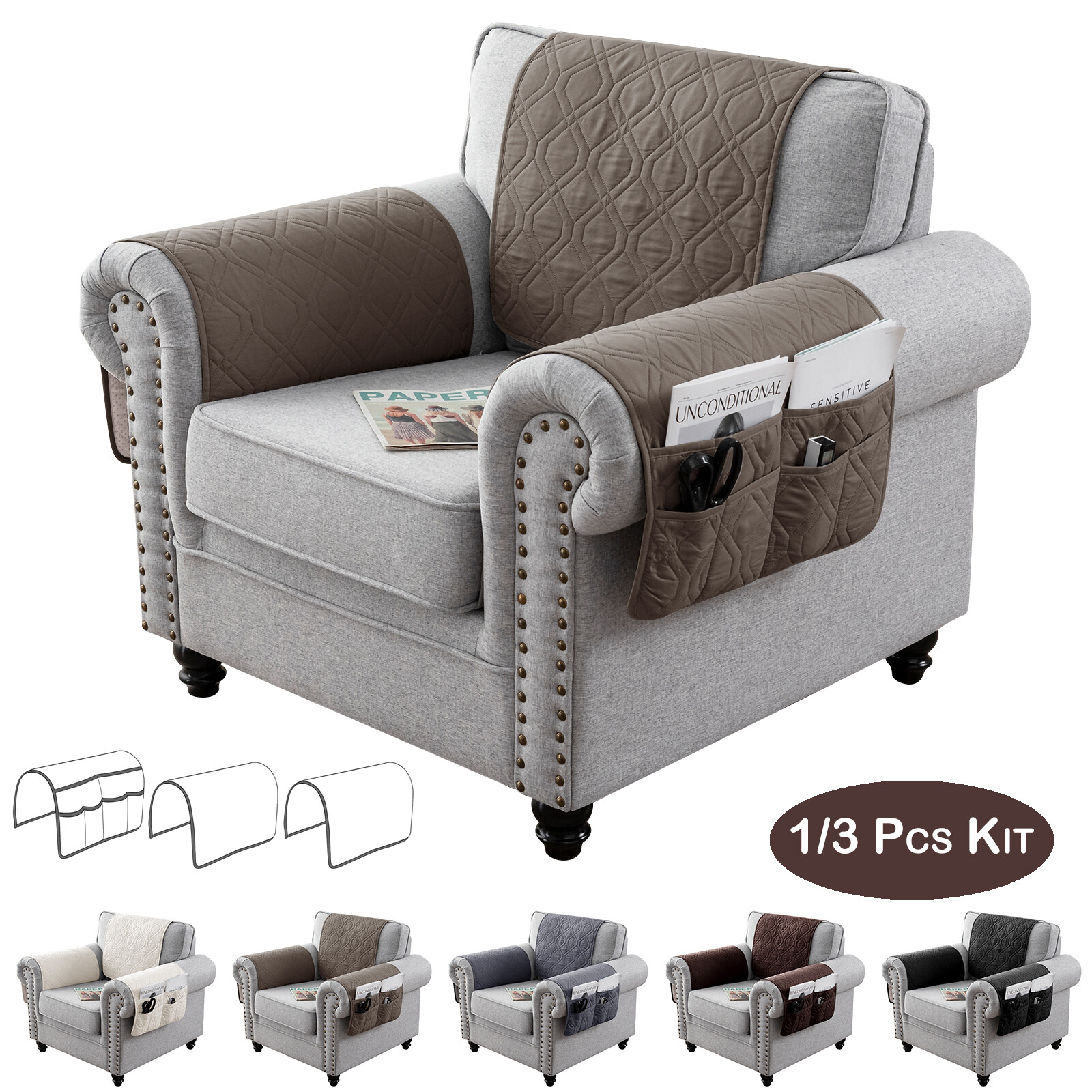 Waterproof Quilted Sofa Couch Armcover with Side Pocket Stor