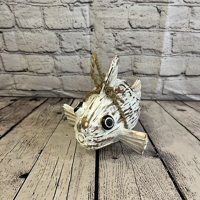 Plain White Folk Art Hand Painted Puffer Fish Coconut Shell Ornaments Hanging