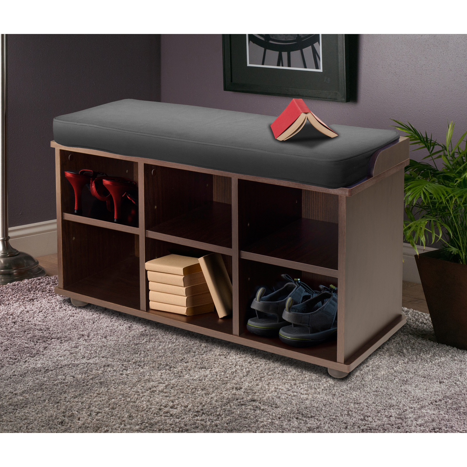 6 Cubby Shoe Storage Bench W Seat Cushion Wooden Entryway Organizer Brown Black Ebay 6 Cubby Shoe Storage Bench W Seat Cushion Wooden Entryway Organizer Brown Black Ebay