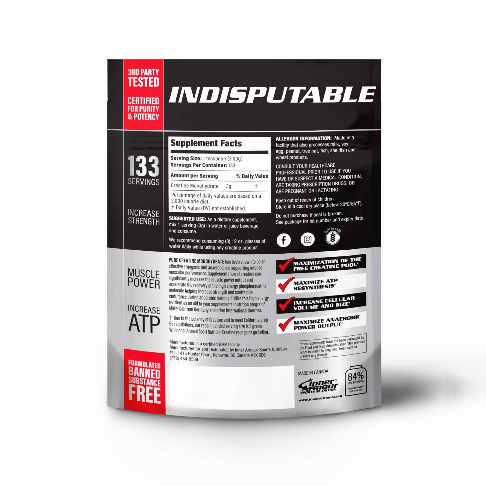 INNER ARMOUR CREATINE MONOHYDRATE 400G 133 Servings Increase Strength ATP Muscle