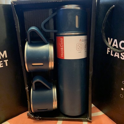 Blue Steel Vacuum Flask With 3 Tea Cup Combo (500ML) Best For Corporate Gifting