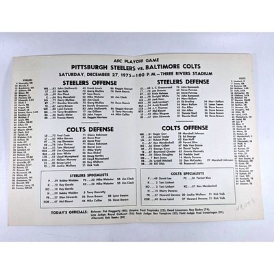 1975 Pittsburgh Steelers vs Baltimore Colts AFC Playoff Game Roster Sheet 12/27