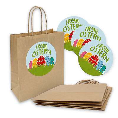 5x Geschenktüte Geschenktasche Kordel 18x8x22cm + Sticker Frohe Ostern bunt