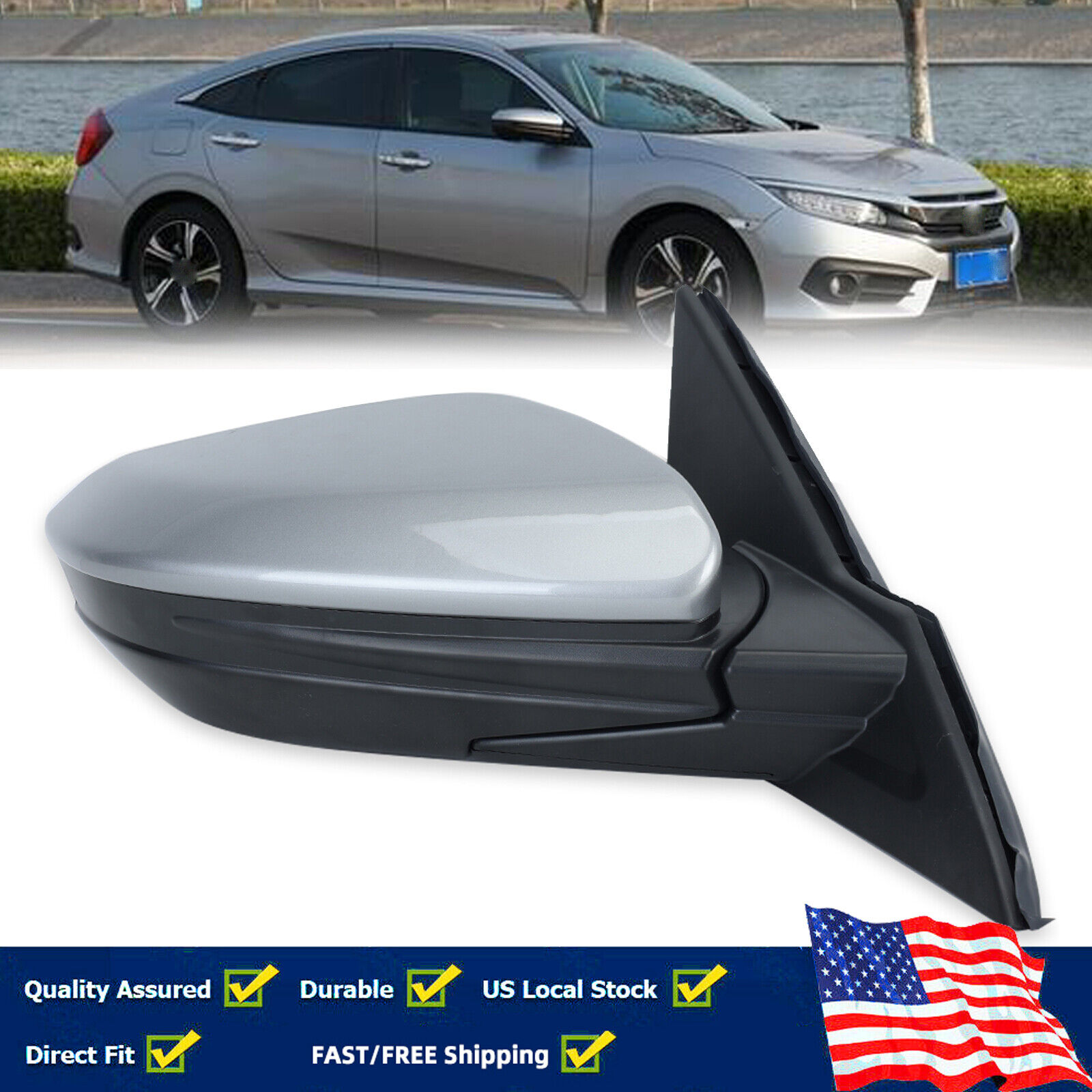 Для Honda Civic 2016-2021 Правое боковое зеркало Lunar Silver Metallic Power Glass RH