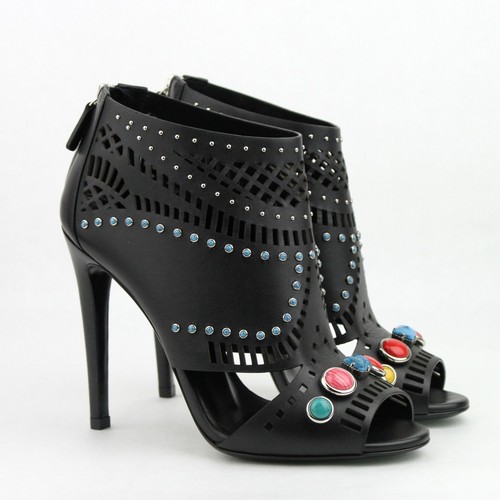 Pre-owned Gucci Women's Black Leather Open Toe W/jewels Zipper Heel Boots 374743 1000