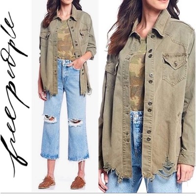 Free People Moonchild Denim Shirt Jacket Shaket Green Size M Distressed