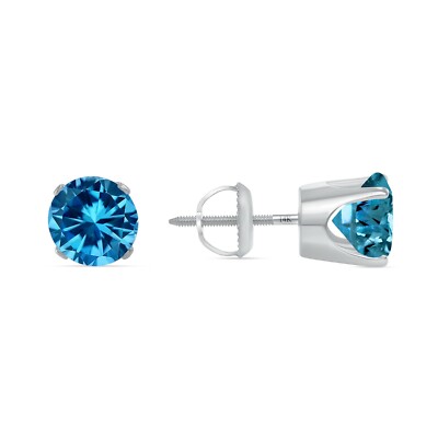 Pre-owned Shine Brite With A Diamond 2 Ct Round Cut Blue Earrings Crown Set Studs Solid 14k White Gold Screw Back