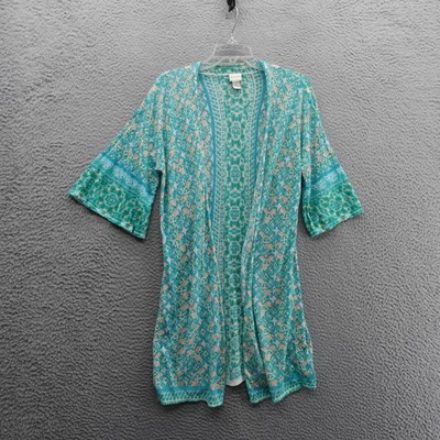 Chicos Long Open Front Cardigan Size 0 US 4 Aqua Multi Womens Lightweight Boho