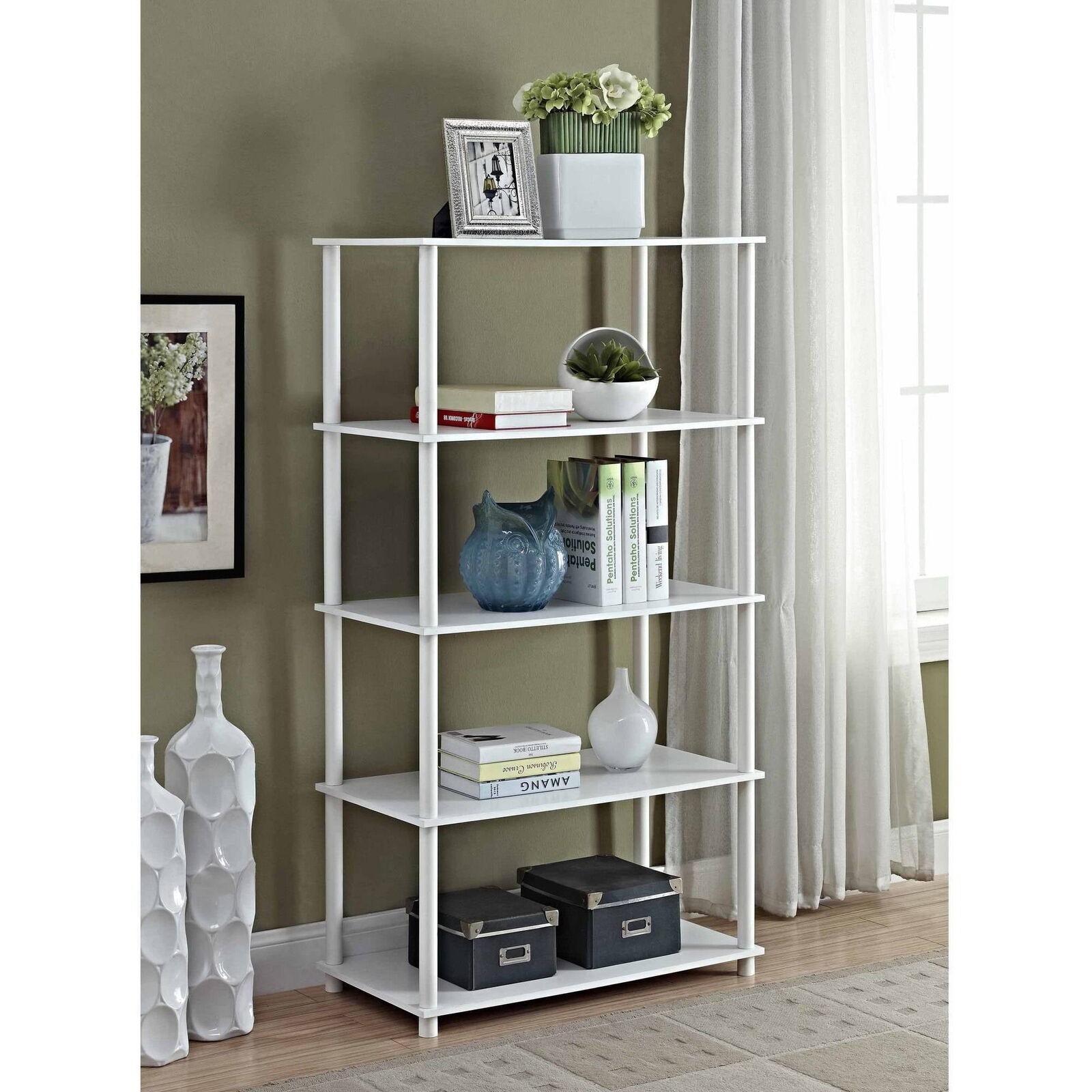 5 Shelf Storage Bookcase Bookshelf Display Organizer Kitchen No Tools White US