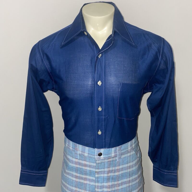 Vtg 50s 60s Dress Shirt Mens Large Big Collar Navy Disco Retro Rat Pack Hathaway