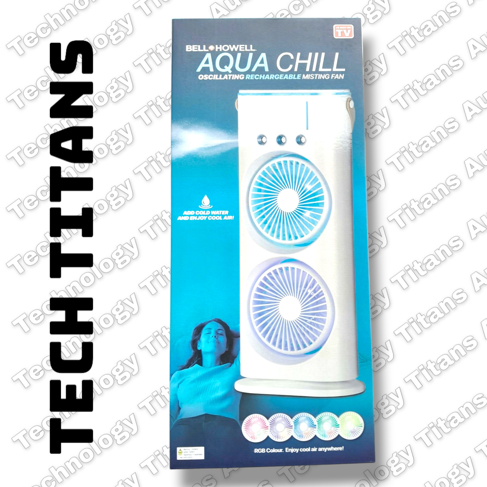 AQUA CHILL Misting Fan * USB RECHARGEABLE *Oscillating*AS SEEN ON TV*RGB COLOUR* - Picture 3 of 3
