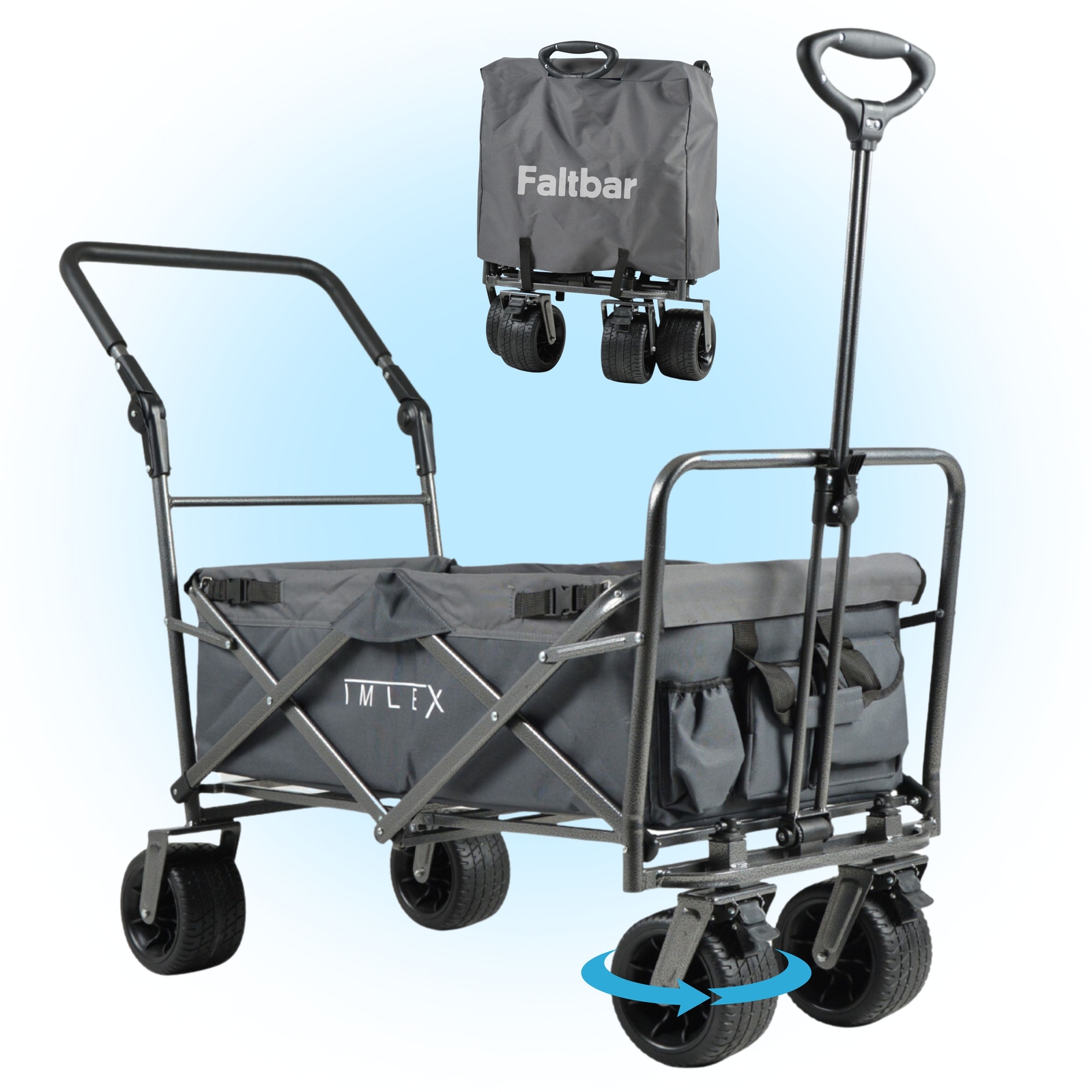 IMLEX Bollerwagen faltbar IM-4275 Grau breite Räder und Schiebegriff