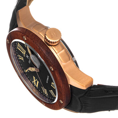 Pre-owned Heritor Automatic Everest Wooden Bezel Leather Band Watch W/date-rose Gold/black