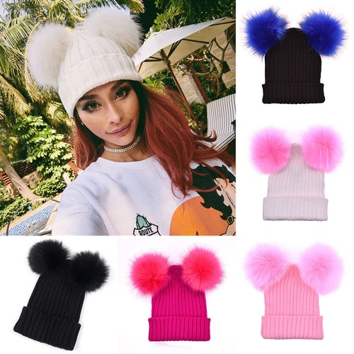 Damen Wintermütze Strickmütze mit Zwei Bommel Bommelmütze Skimütze Beanie Mütze