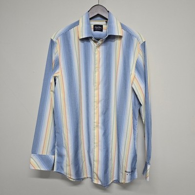 Indigo Palms Striped Button Up Shirt Mens Medium Blue Rainbow Coastal Preppy