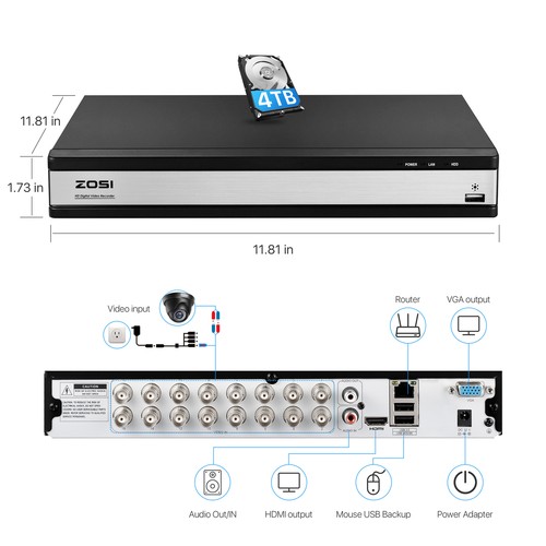 ZOSI 16 Channel H.265+ 1080p DVR Hard Drive 4TB for Security Camera System Home