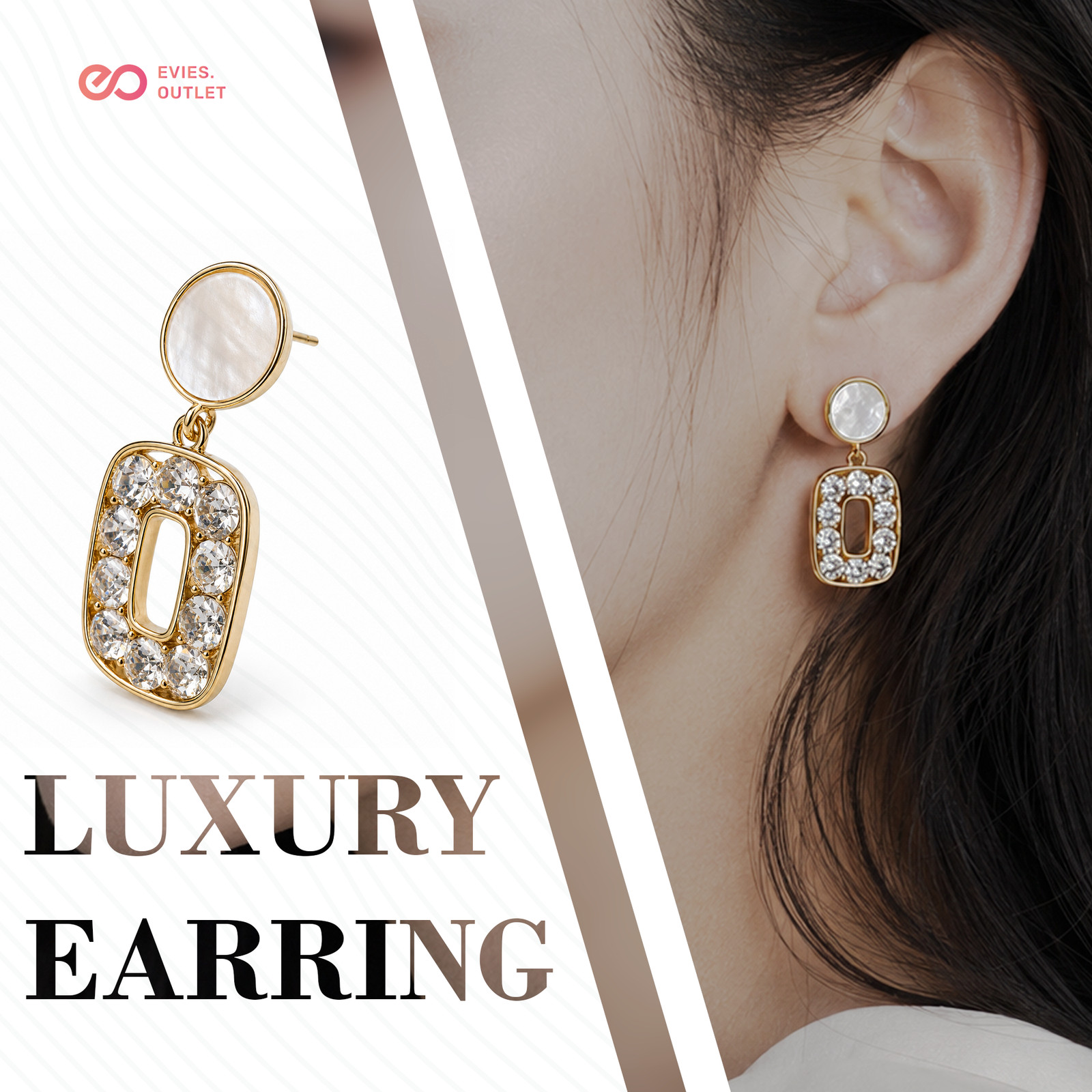 Gold Pearl Look Crystal Rectangle Drop Stud Earrings Wedding Jewellery Gift Her
