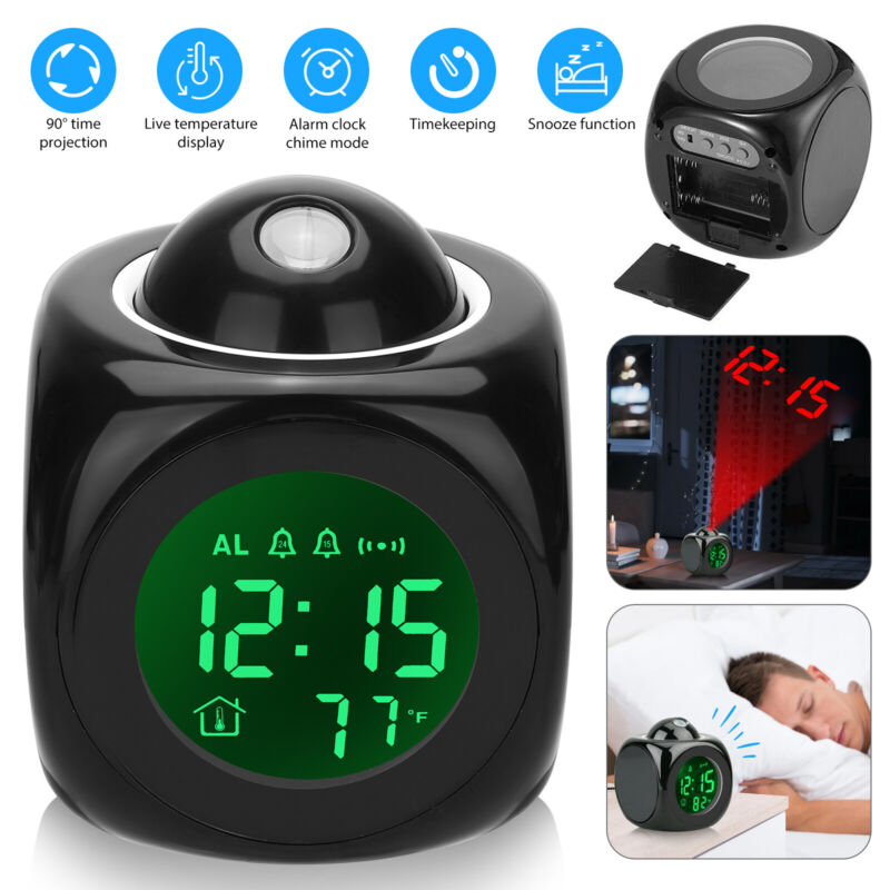 LED Projection Alarm Clock Weather Thermometer Digital Snooze Voice Temperature