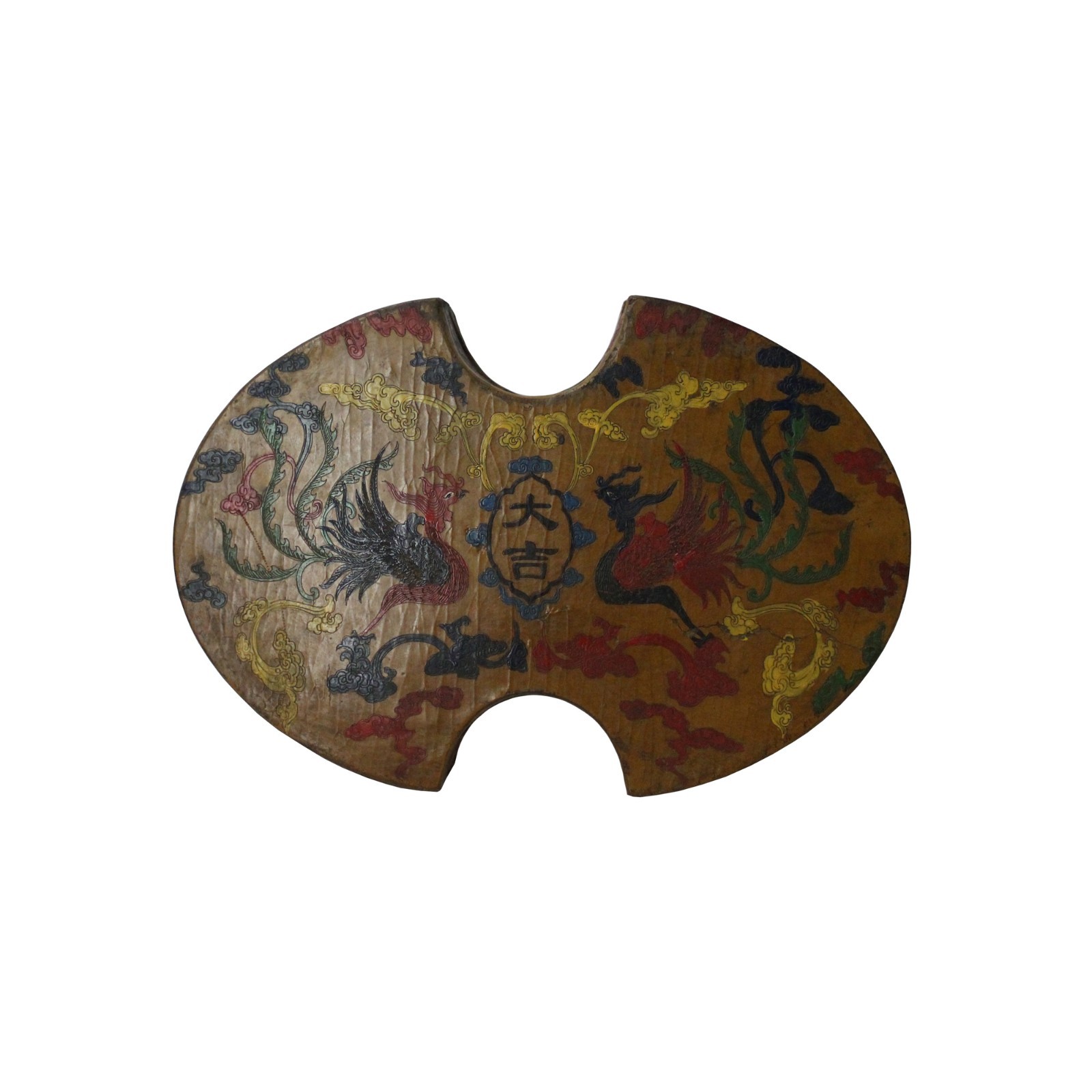 Chinese Distressed Yellow Lacquer Oval Phoenix Graphic Box cs4724S Chinese Distressed Yellow Lacquer Oval Phoenix Graphic Box cs4724S