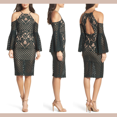 NWT 120 Bardot Mila Cold Shoulder Lace Midi Dress Green Nude SZ 10 L F579