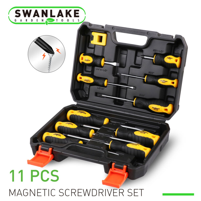 11 Pcs Magnetic Screwdriver Set & Case 5 Phillips 5 Flat Head Tips Demagnetizer
