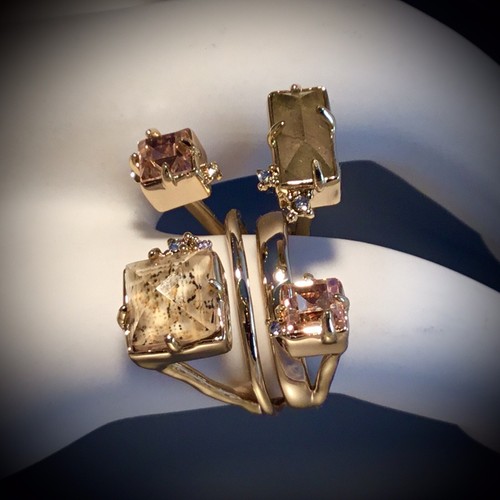 Pre-owned Alexis Bittar Auth  Geo Crystal Labradorite Jasper Doublet Ring Sz 6 W/pouch In Gold