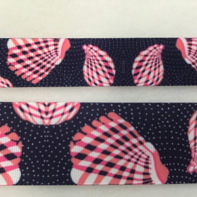 Clam shells on navy dots  palm beach print Grosgrain ribbon BTY 7/8'' 1.5  