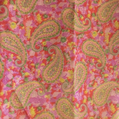 Vintage Paisley Floral Fabric Pink Green Yellow 1960's 46