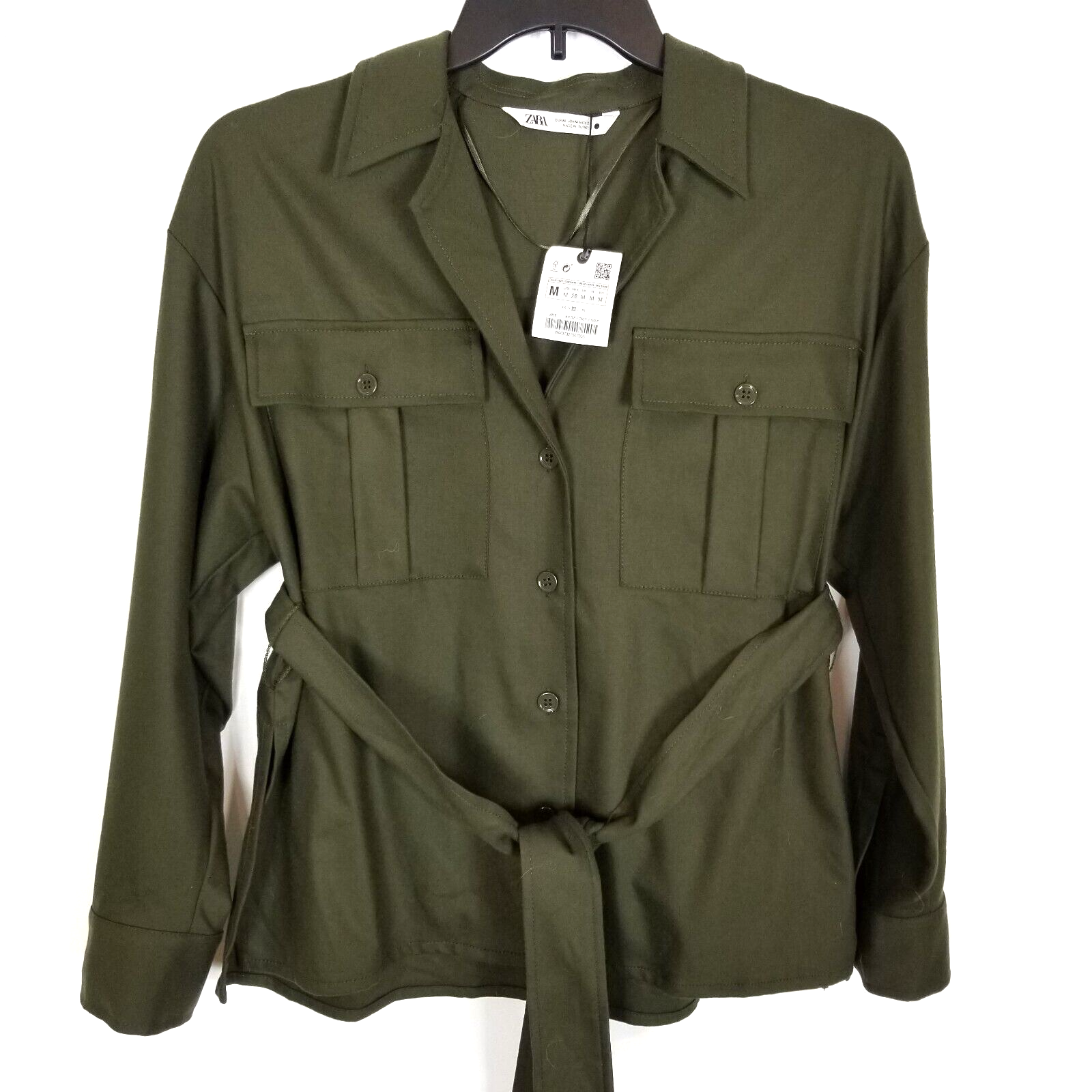 Zara Women Shirt Jacket Sz M Khaki Green Belted Button Up