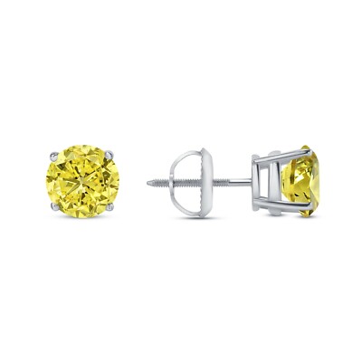 Pre-owned Shine Brite With A Diamond 4 Ct Round Cut Canary Earrings Studs Solid Real 14k White Gold Screw Back Basket