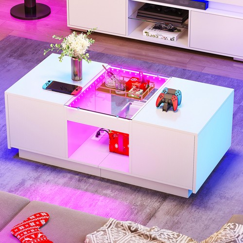 Modern LED Coffee Table with Power Outlets White 2 Drawers L