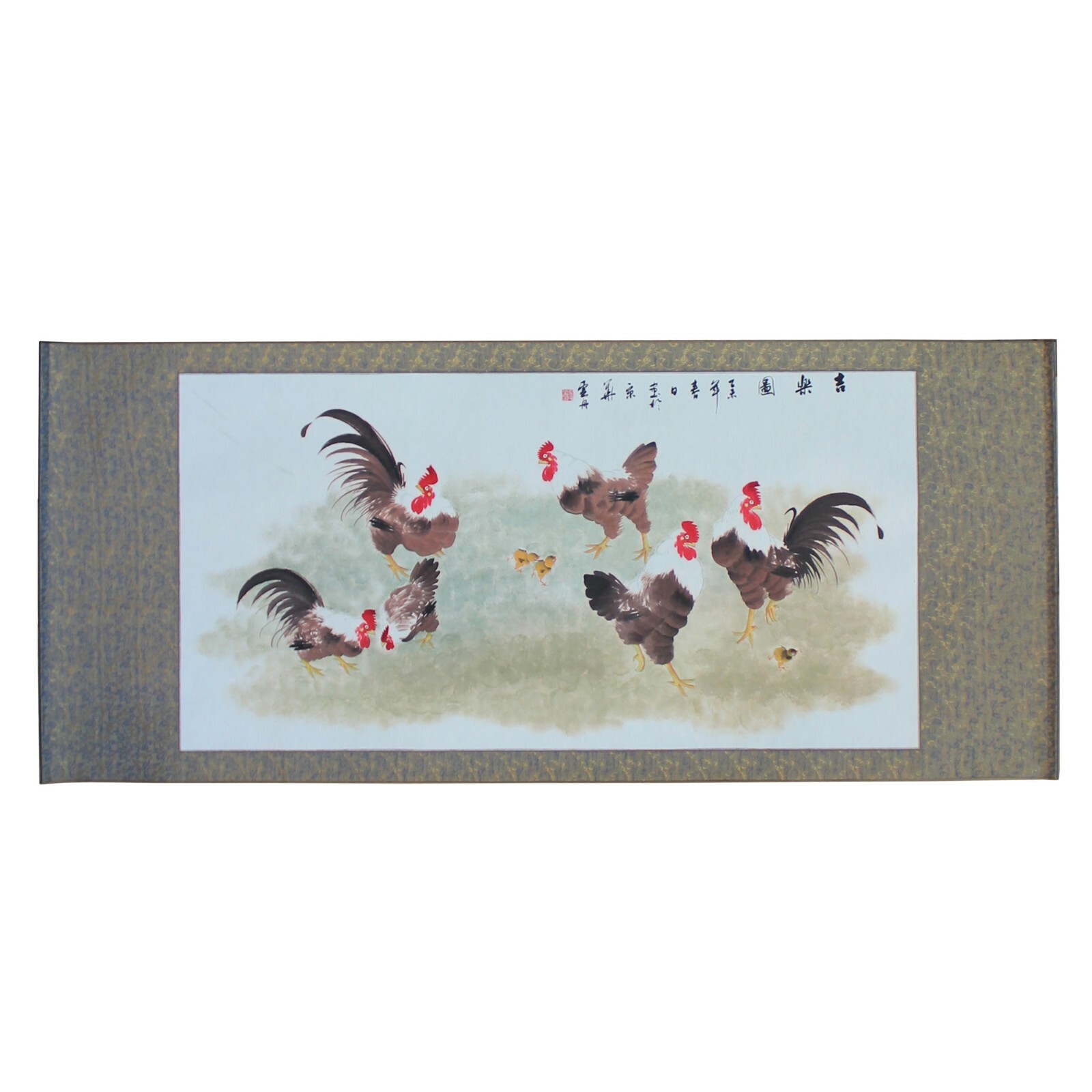 Chinese Color Ink Rooster Hens Scenery Horizontal Scroll Painting Wall Art cs5704S Chinese Color Ink Rooster Hens Scenery Horizontal Scroll Painting Wall Art cs5704S