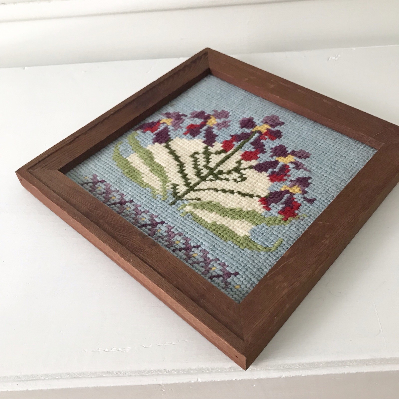 Vintage Needlepoint Framed Wall Hanging Decor Finished Floral 8.5 x 8.5