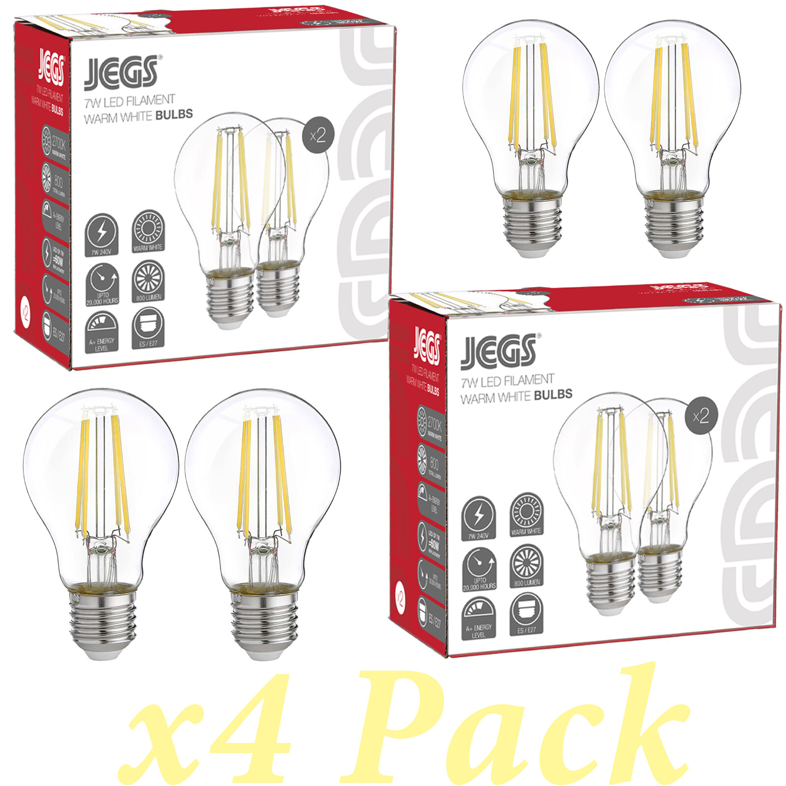 4 X 7W LED Equiv 60W Filament Light Bulbs 2700K Warm White 240V ES/E27