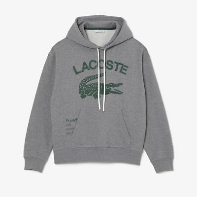 Мужская толстовка Lacoste серого цвета свободного кроя с капюшоном из крокодиловой кожи