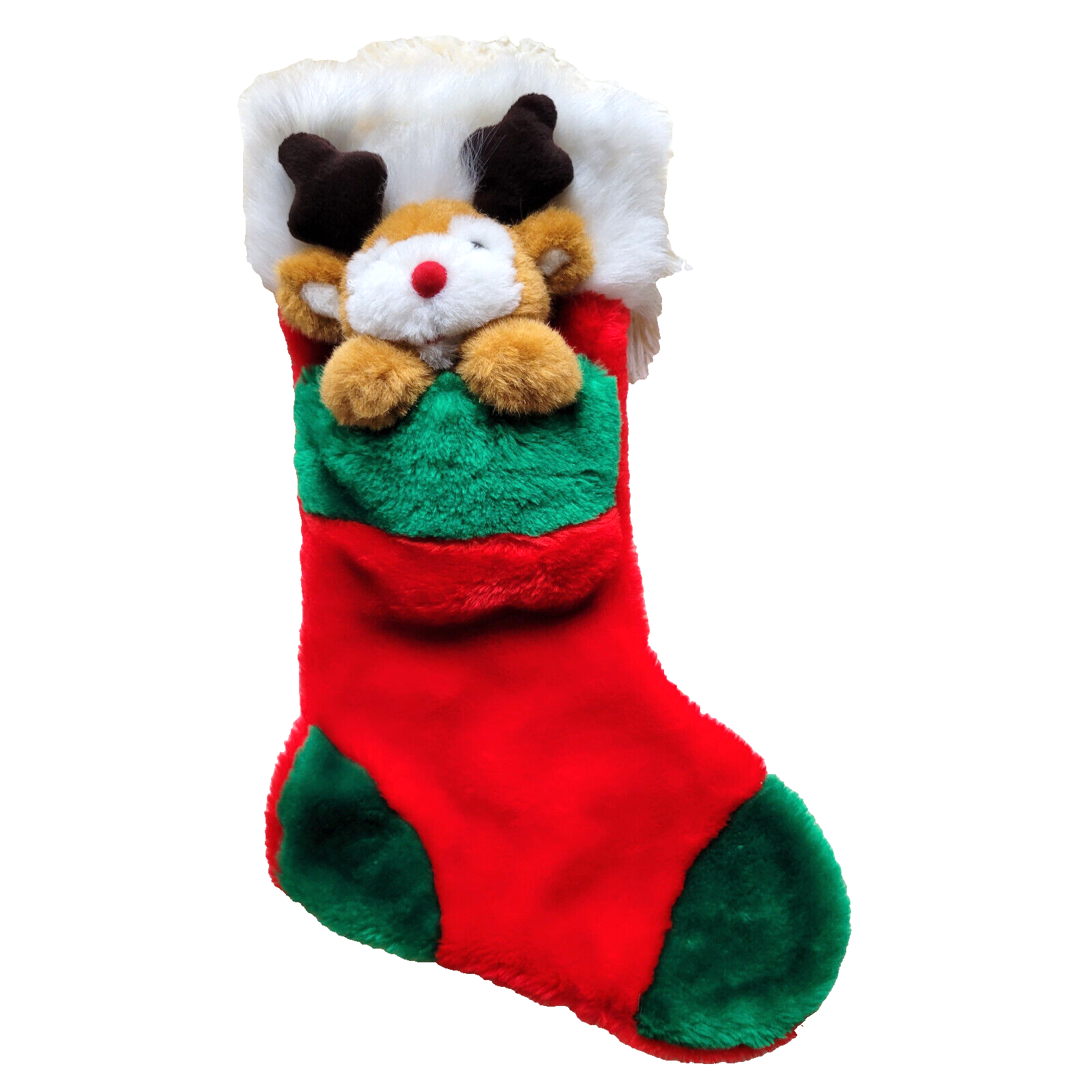 Vintage Christmas Stocking Baby Deer Plush Head Holiday Candy Gift Hanging Bag
