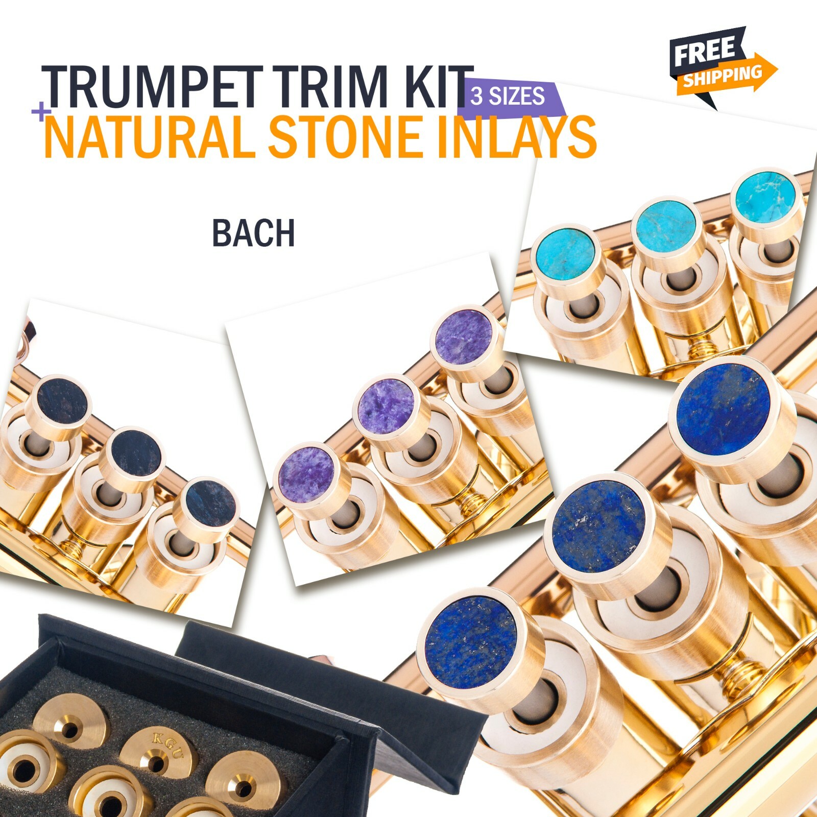 Bach Trumpet Trim kit (3 sizes) KGUBrass with 4 Natural Stone inlays
