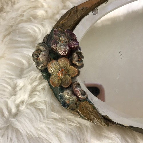 Antique Barbola Oval Beveled Mirror Gesso Flowers Table Top c.1930s Yellow FLRS