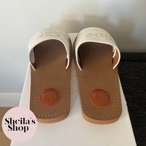 Pre-owned Chloé Chloe Woody Logo-embroidered White Leather Slide Sandals Size 37