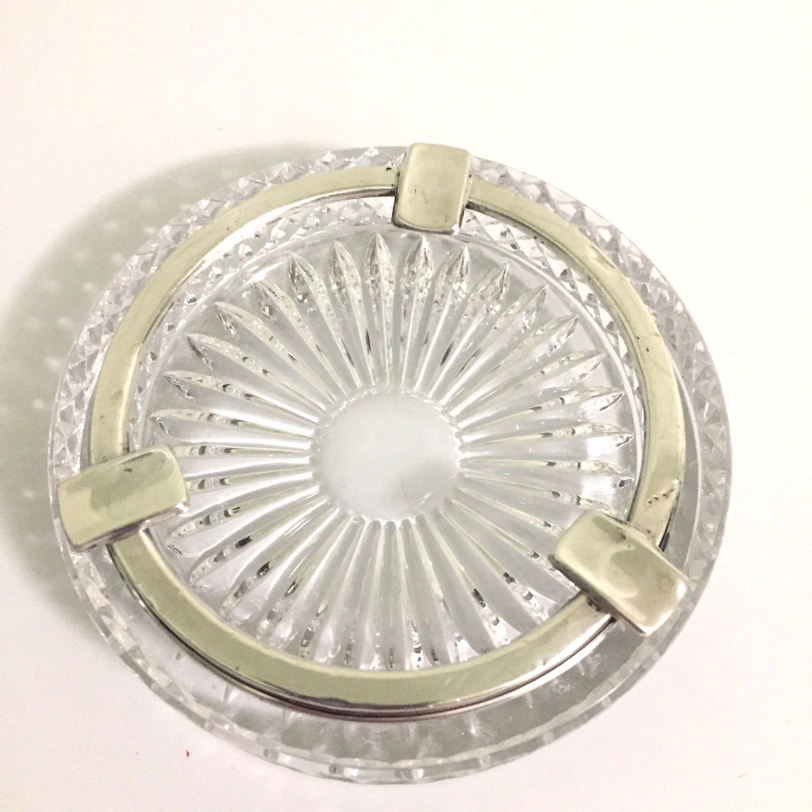 Antique Ashtray Cut Glass .800 80% Silver 3 Holder Rim