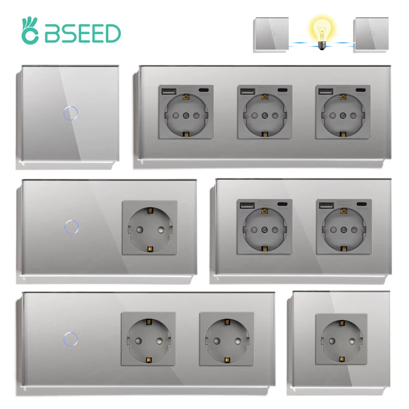 Touch Switch 2Way EU Wall Socket Glass Panel Wall Light Switches Conmutados Sens