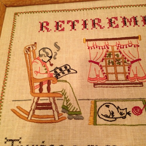 VINTAGE EMBROIDERY Crewel Sampler Retirement Twice the husband, half Money FRAME