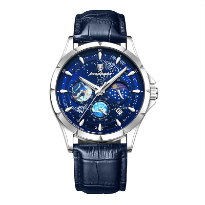 Men's Luxury Starry Sky Dial Leather Band Quartz Wrist Watch Luminous Waterproof