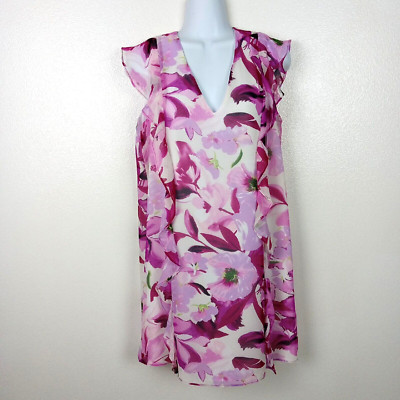 Three Eighty Two Dress Womens Small Purple Floral Sleeveless Ruffle Shift V-neck