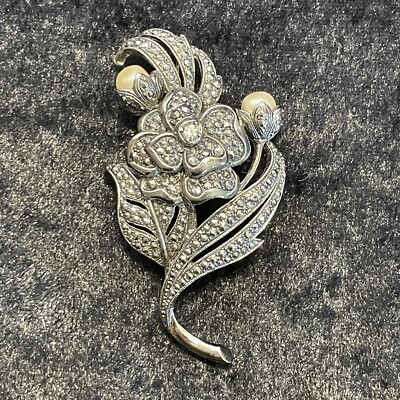 Vintage KJL for Avon Flower Brooch Pin Faux Marcasite Pearl Kenneth Jay Lane