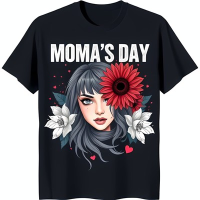 Stylish Black T-Shirt with Colorful 'MOMA'S DAY' Graphic Unique Design