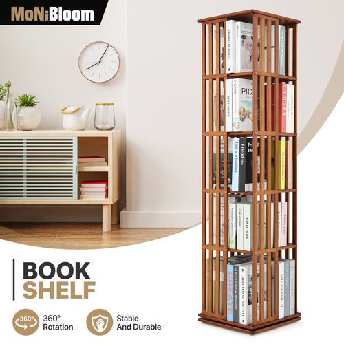 5 Tiers Brown Bamboo Rotating Bookshelf Open Shelving Storage Rack Freestanding