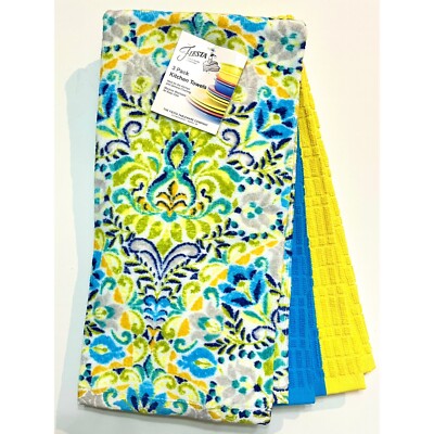 Fiesta 3 Pack Hand Dish Kitchen Towels Blue Fan /Yellow /Peacock NWT